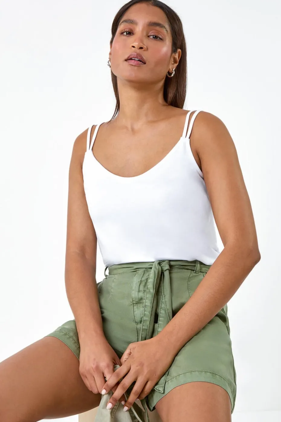 Roman White Double Strap V-Neck Stretch Vest Top