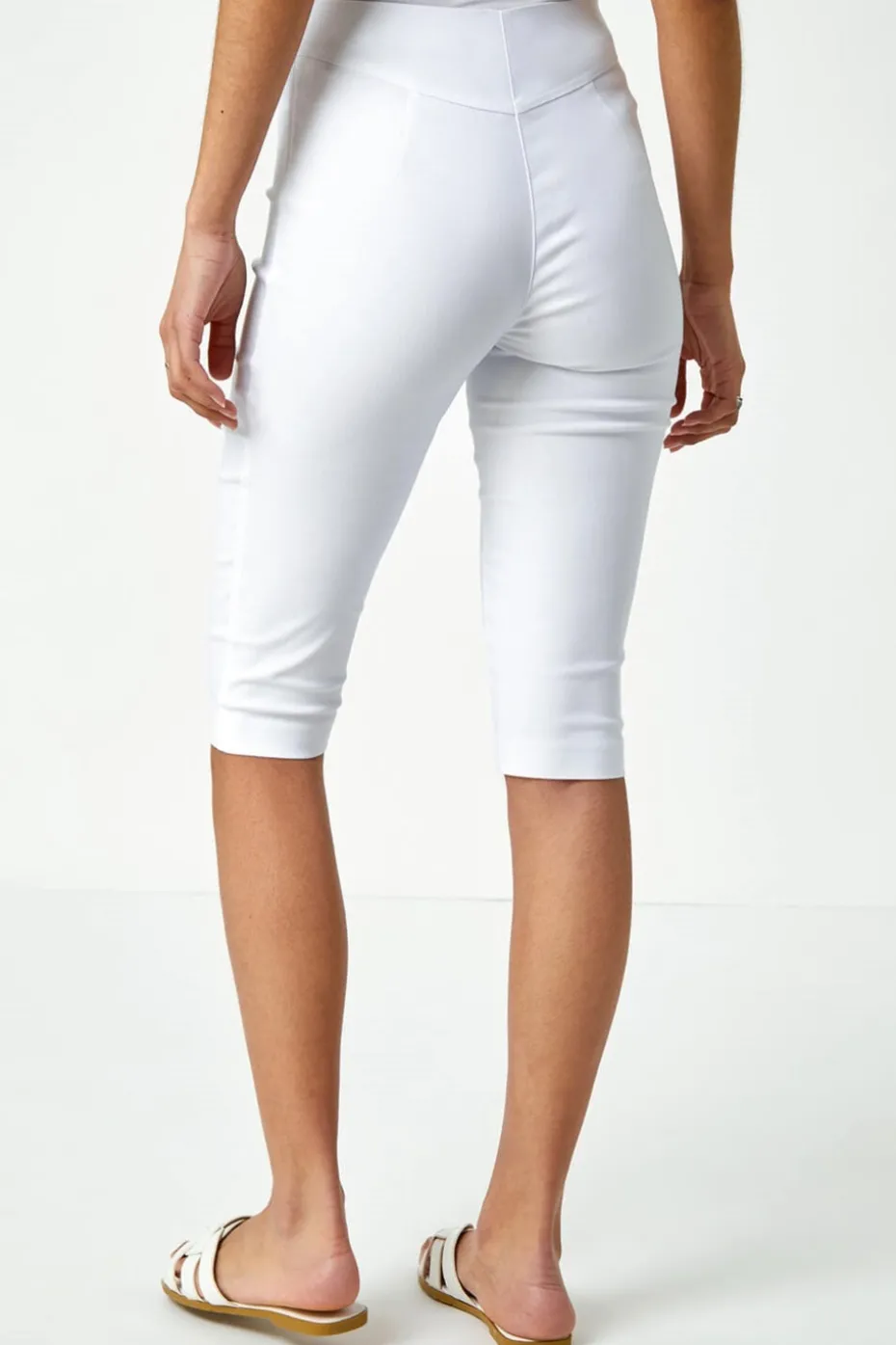 Roman White Elastic Waist Knee Length Stretch Shorts