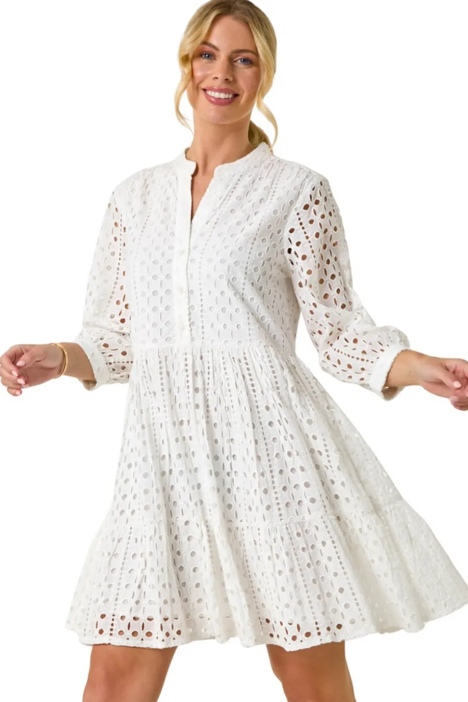 Roman White Petite Broderie Tiered Dress