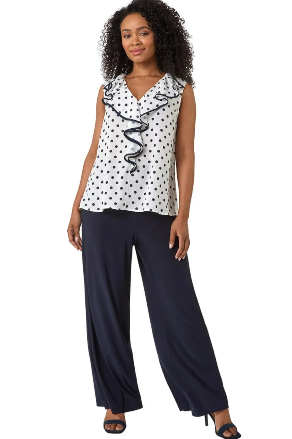 Roman White Petite Contrast Spot Print Frill Top