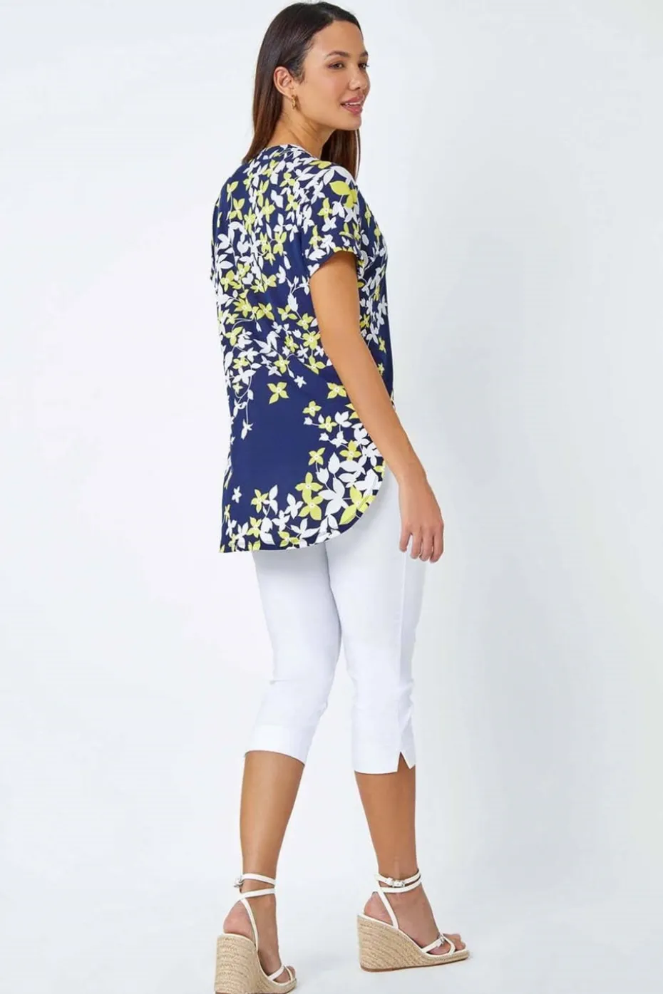 Roman Yellow Floral Puff Print V-Neck Pleat Front Top