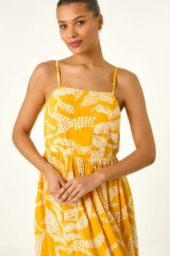 Roman Yellow Leaf Print Strap Midi Dress