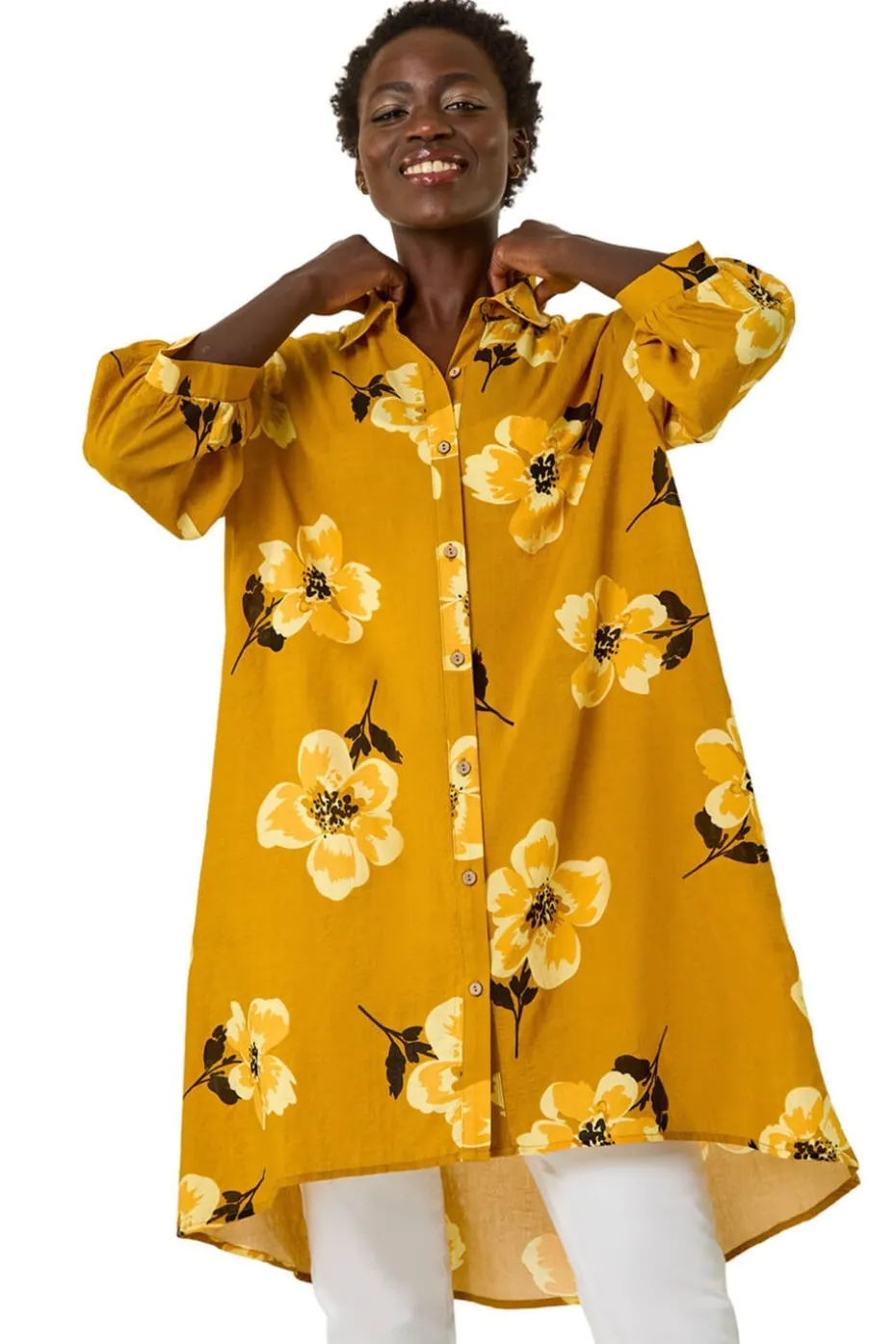 Roman Yellow Longline Floral Print Blouse
