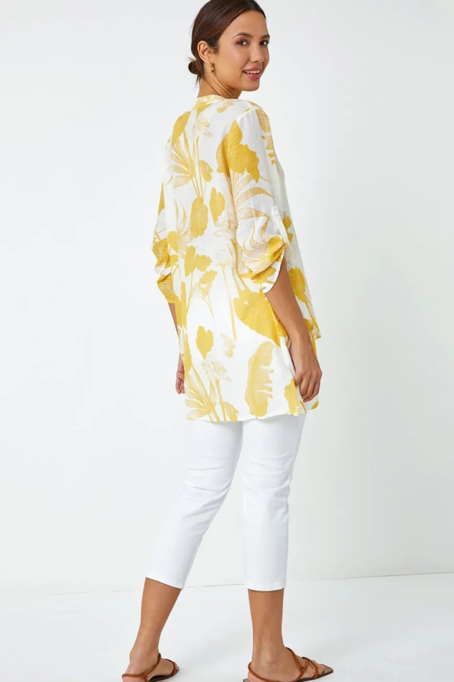 Roman Yellow Palm Print V-Neck Wrap Hem Tunic Top