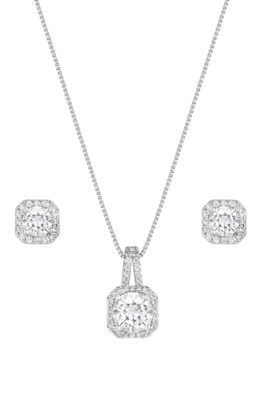 Silver Plated Cubic Zirconia Square Drop Pendant And Earring Set - Gift Boxed