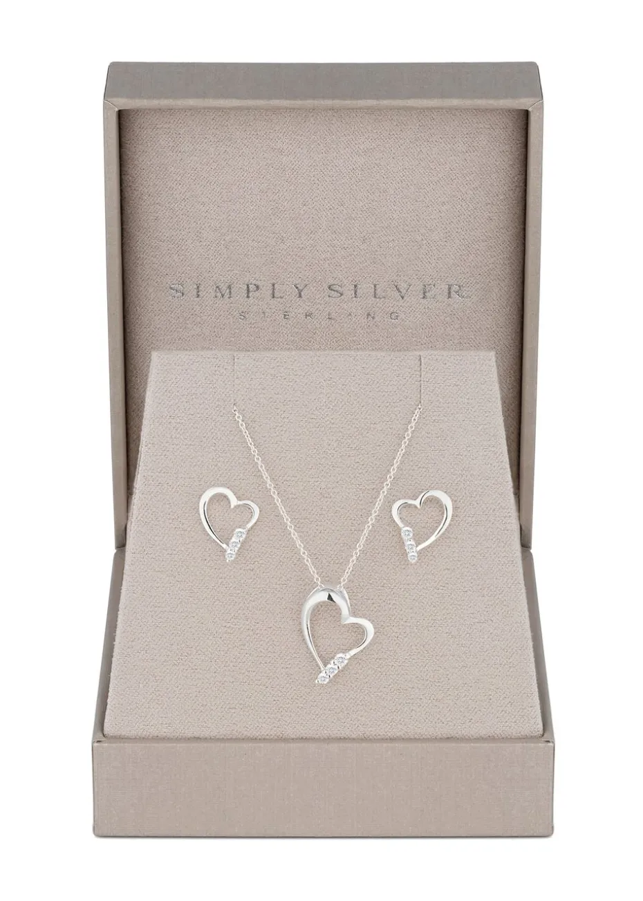 Simply Silver Sterling Silver 925 Cubic Zirconia Heart Set - Gift Boxed