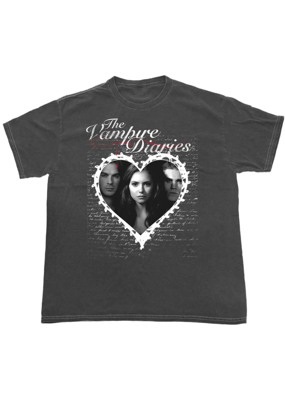 The Vampire Diaries Lace Heart Charcoal Boyfriend Fit Washed Graphic T-Shirt