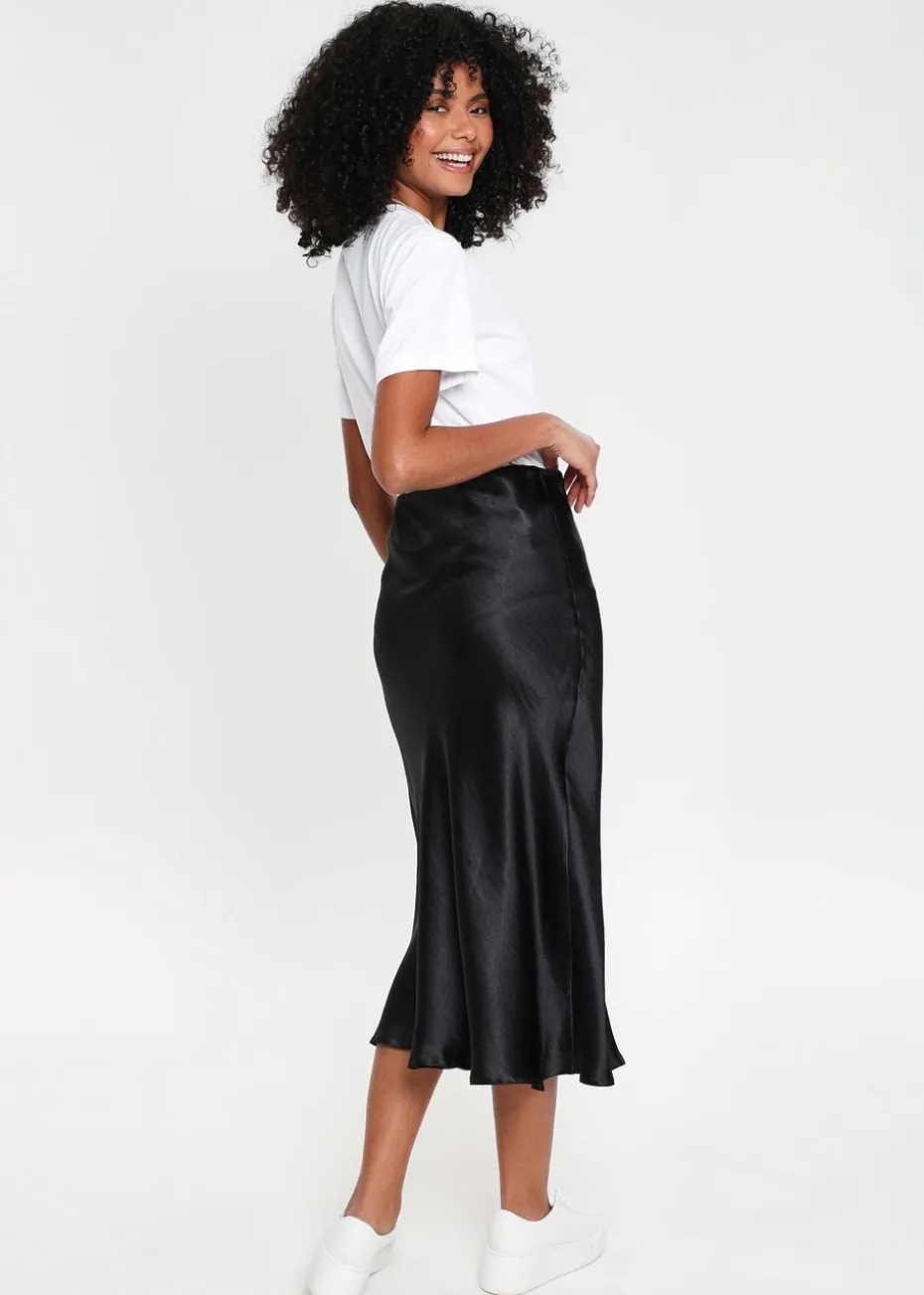 Threadbare Black Marie Satin Midi Skirt