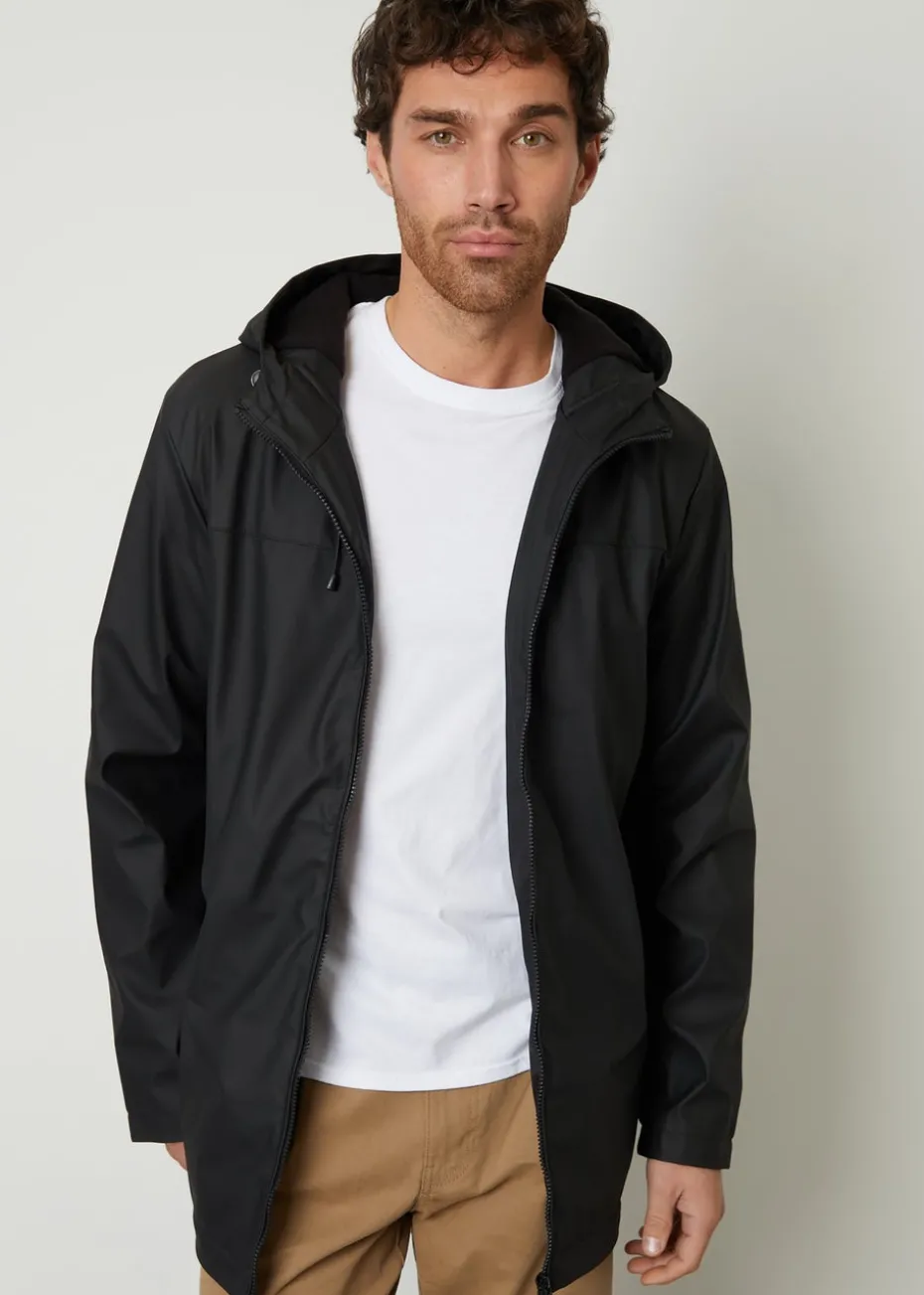 Threadbare Black Microfleece Lined Hooded Rubberised Raincoat