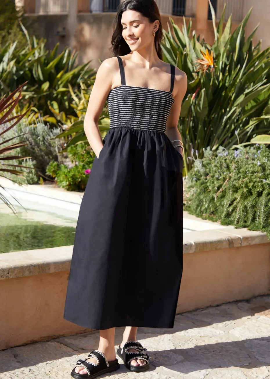 Threadbare Black Shirred Midaxi Dress