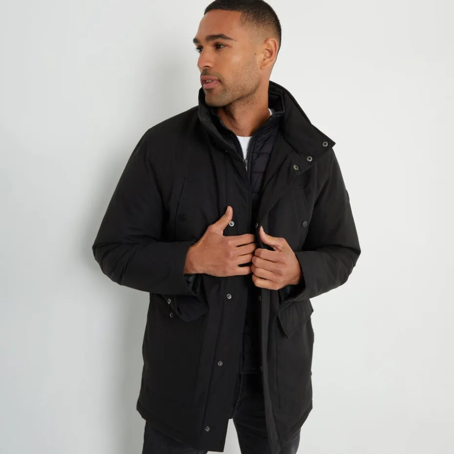 Threadbare Black Showerproof Funnel Neck Mock Layer Coat