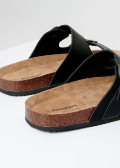 Threadbare Black Slip On Two Buckle Strap Sandals