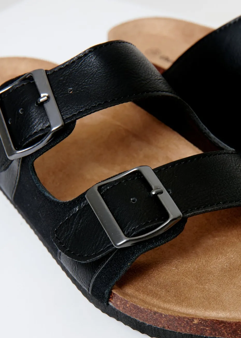 Threadbare Black Slip On Two Buckle Strap Sandals