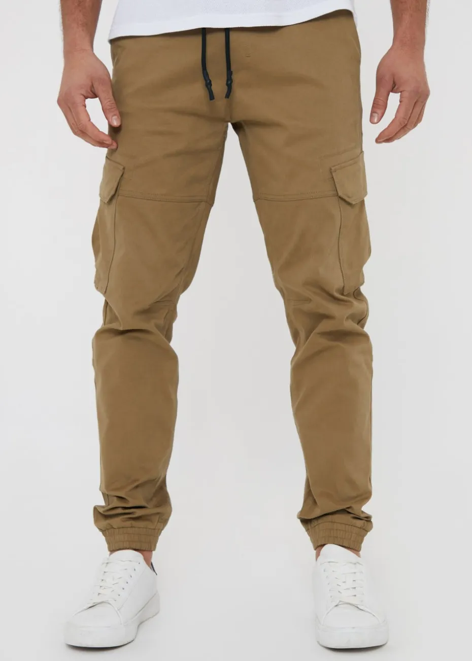 Threadbare Brown Cotton Jogger Style Cargo Trousers With Stretch