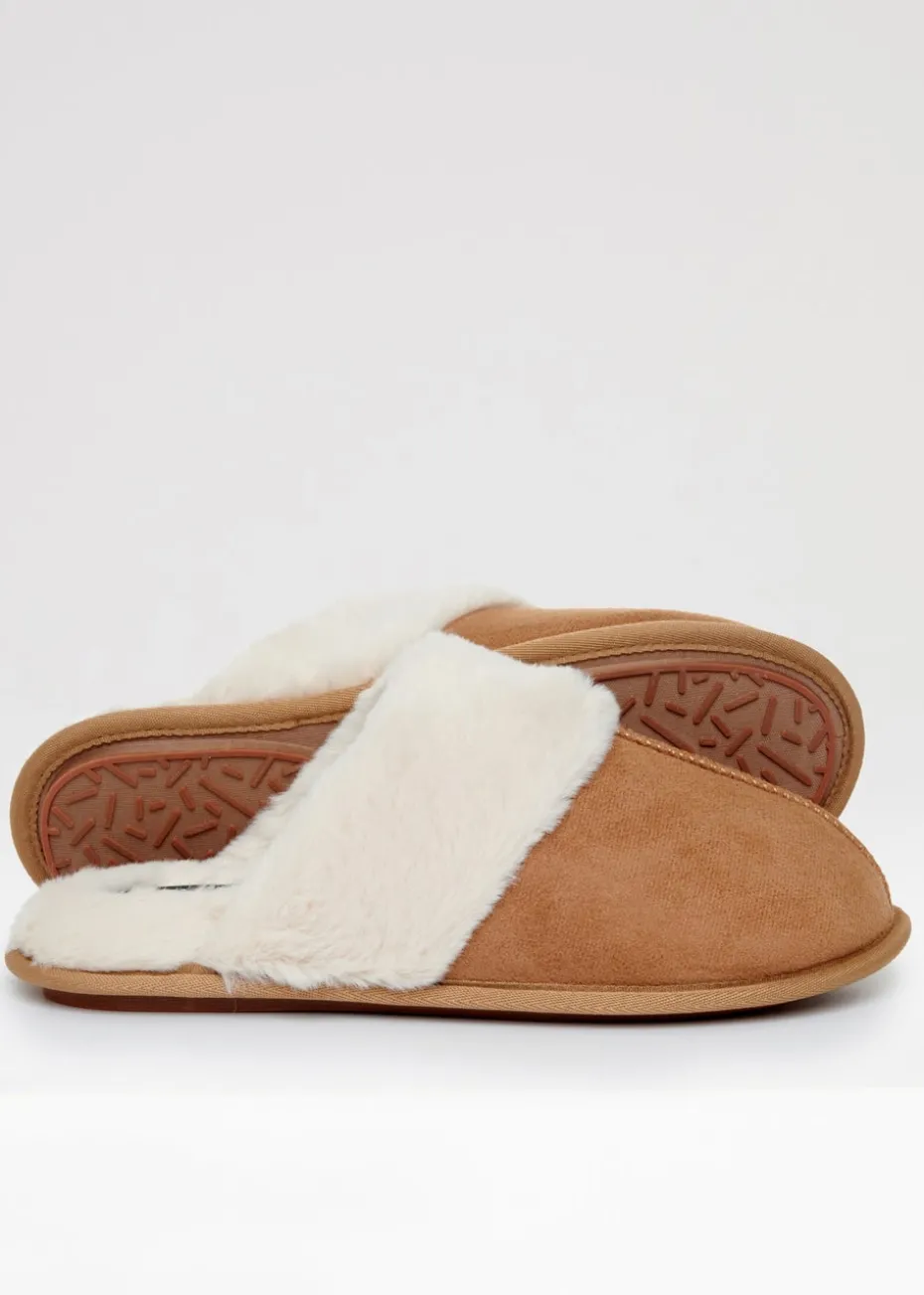 Threadbare Brown Denver Faux Suede Faux Fur Lined Mule Slippers