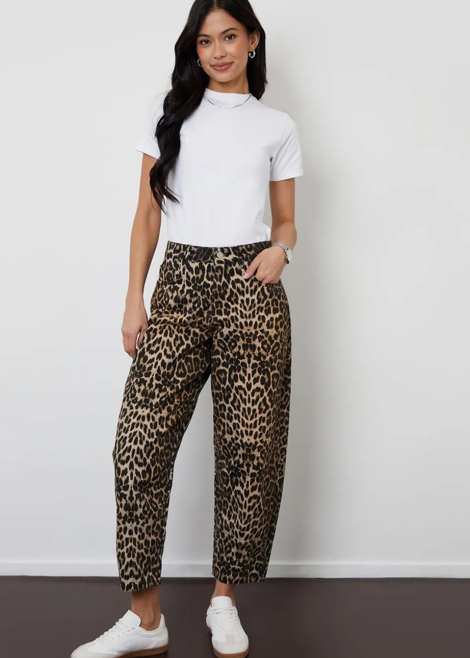 Threadbare Brown Leopard Print Barrel Leg Denim Jeans