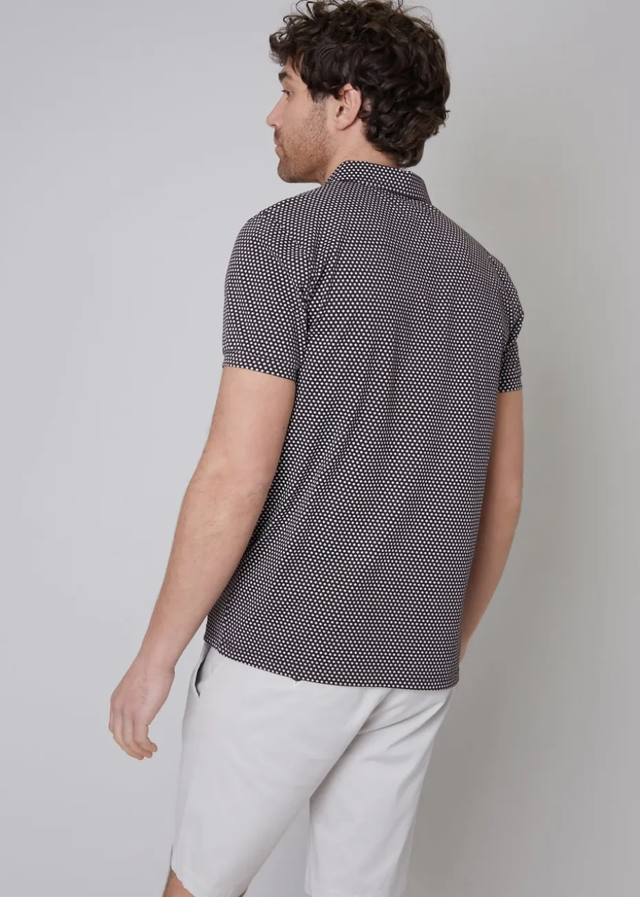 Threadbare Chocolate Dion Geometric Print Zip Collar Jersey Polo Shirt