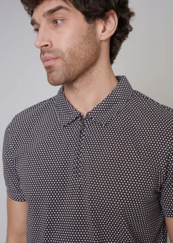 Threadbare Chocolate Dion Geometric Print Zip Collar Jersey Polo Shirt