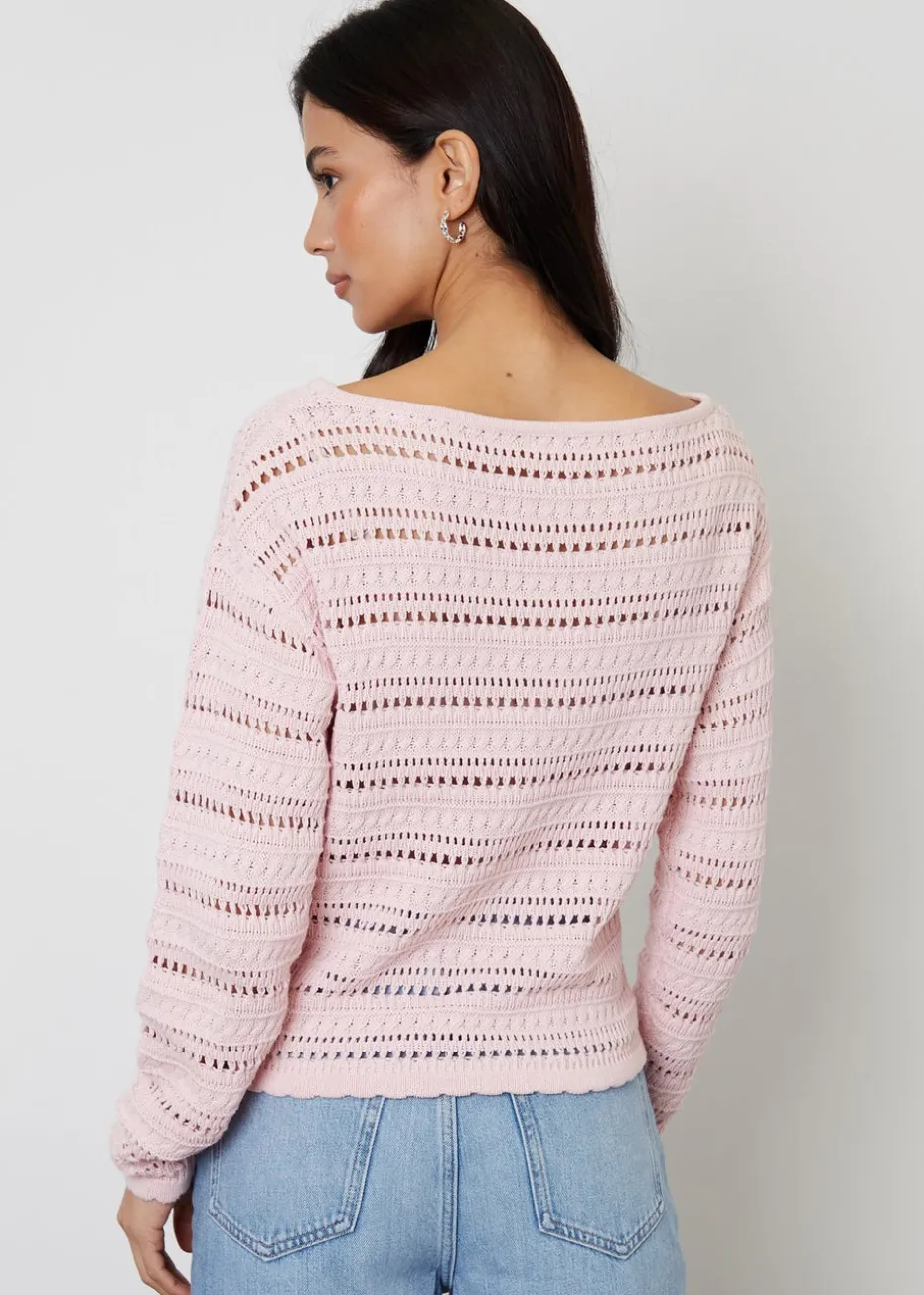 Threadbare Dusty Pink Slash Neck Pointelle Knit Jumper