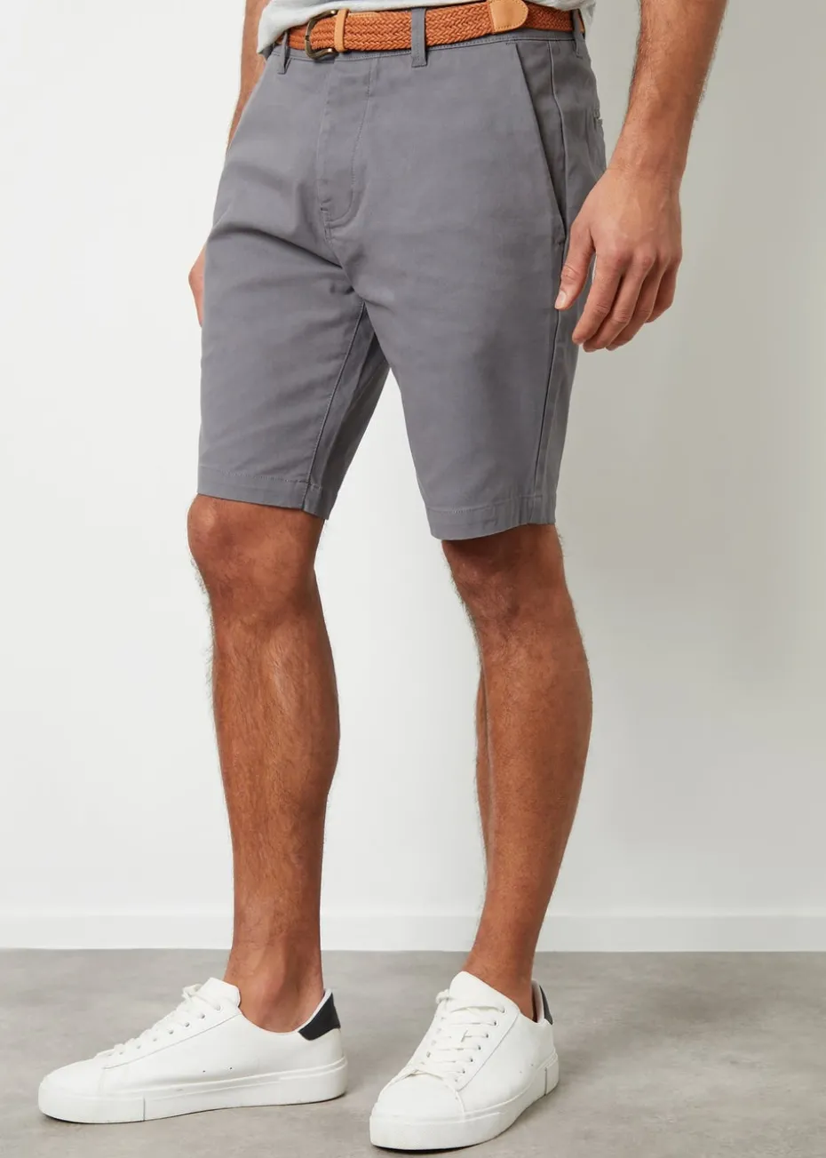 Threadbare Grey Cotton Turn-Up Chino Shorts with Woven Belt