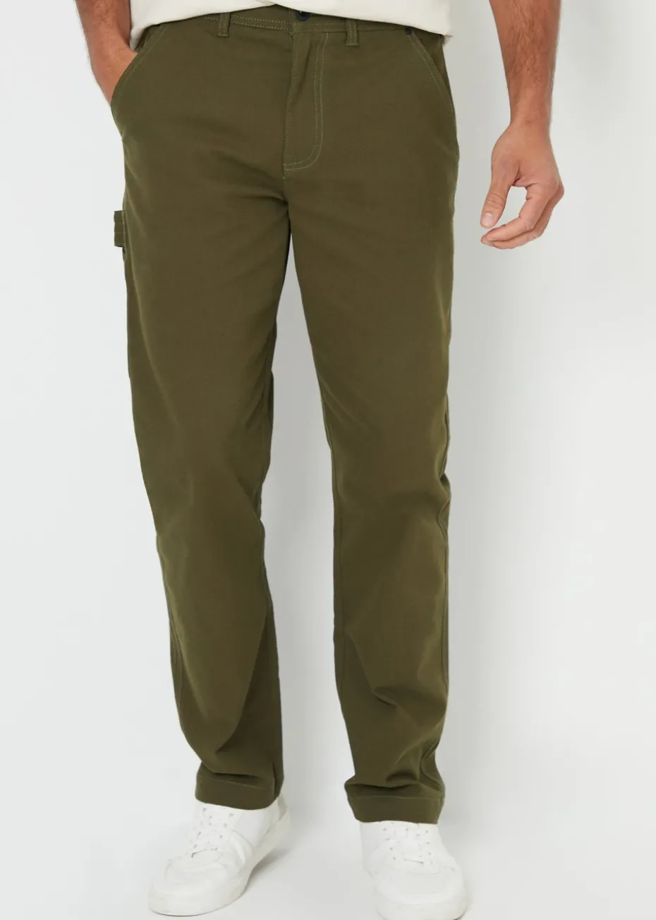 Threadbare Khaki Cotton Straight Leg Chino Cargo Trousers With Stretch