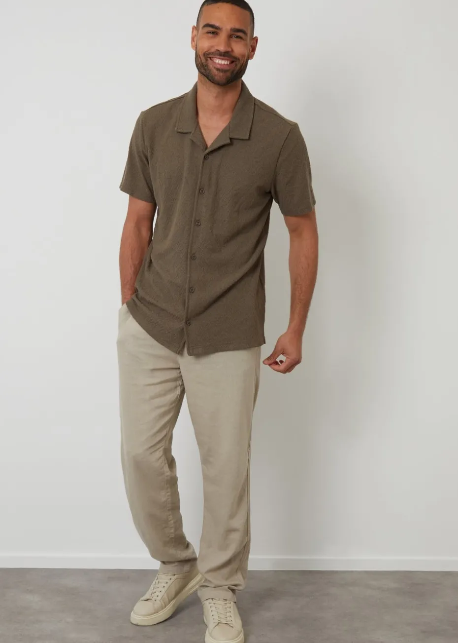 Threadbare Khaki Relaxed Fit Textured Revere Collar Shirt