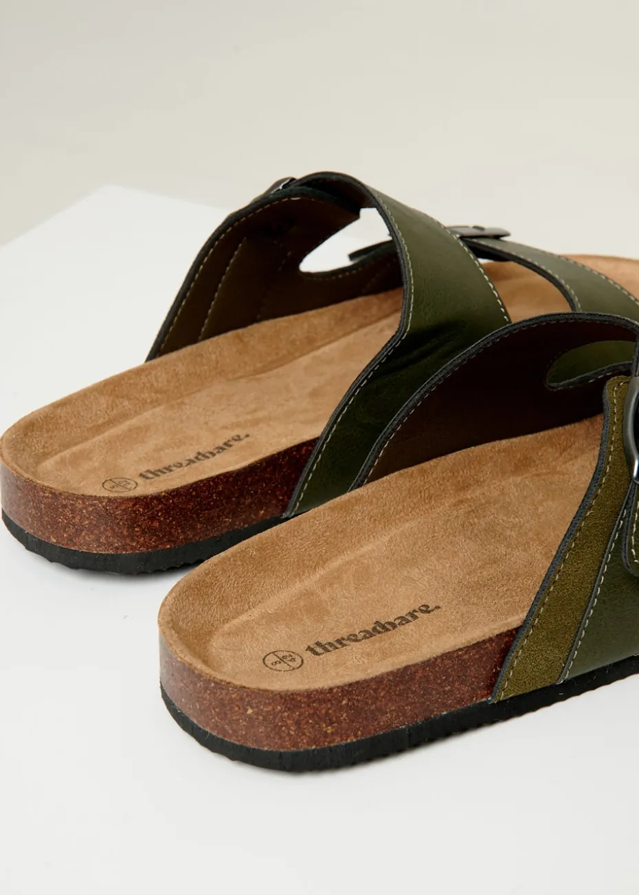 Threadbare Khaki Slip On Two Buckle Strap Sandals