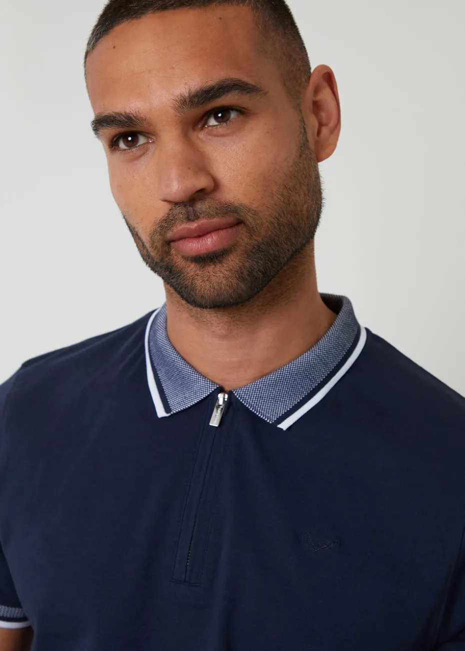Threadbare Navy Birdseye Collar Quarter Zip Polo Shirt