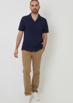 Threadbare Navy Cotton Pique Revere Collar Short Sleeve Shirt