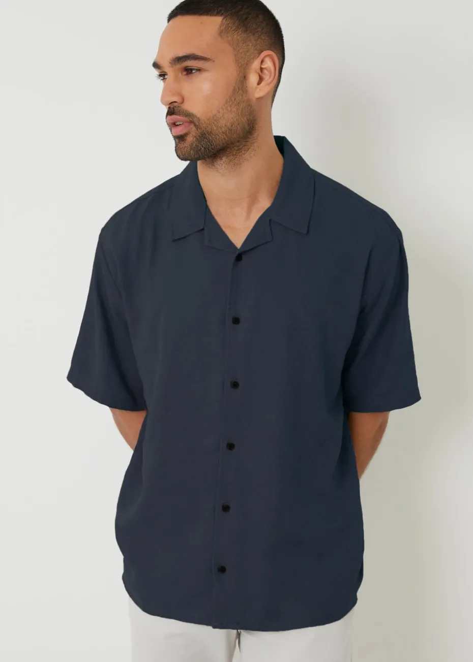 Threadbare Navy Kylian Linen Blend Revere Collar Short Sleeve Shirt