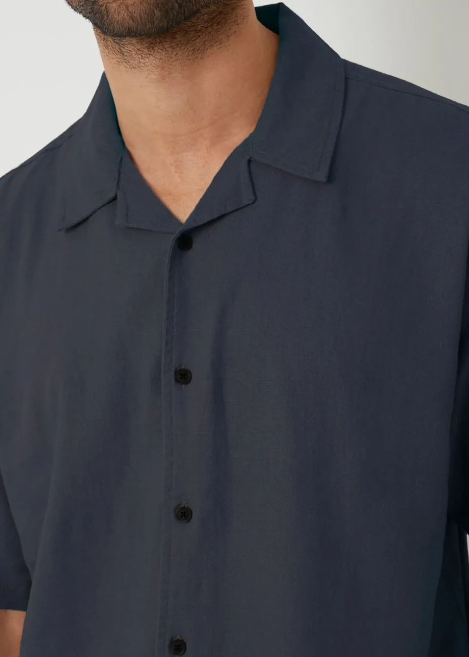 Threadbare Navy Kylian Linen Blend Revere Collar Short Sleeve Shirt