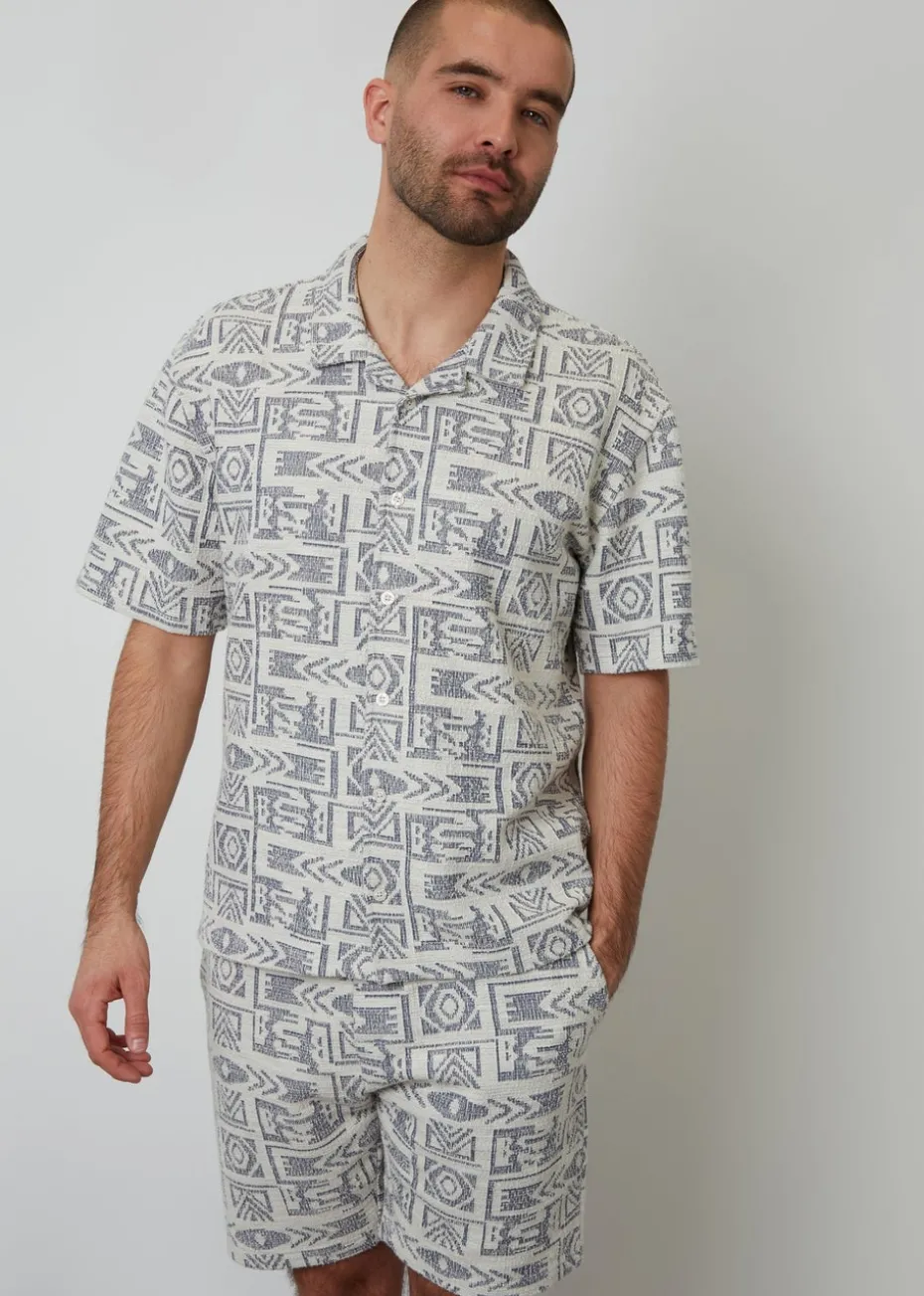 Threadbare Navy Printed Textured Relaxed Fit Short Sleeve Shirt