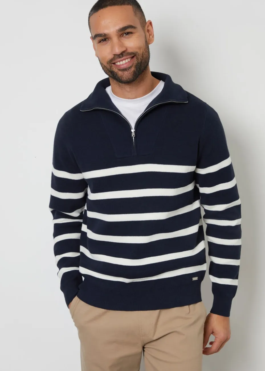 Threadbare Navy Striped Quarter Zip Knitted Jumper