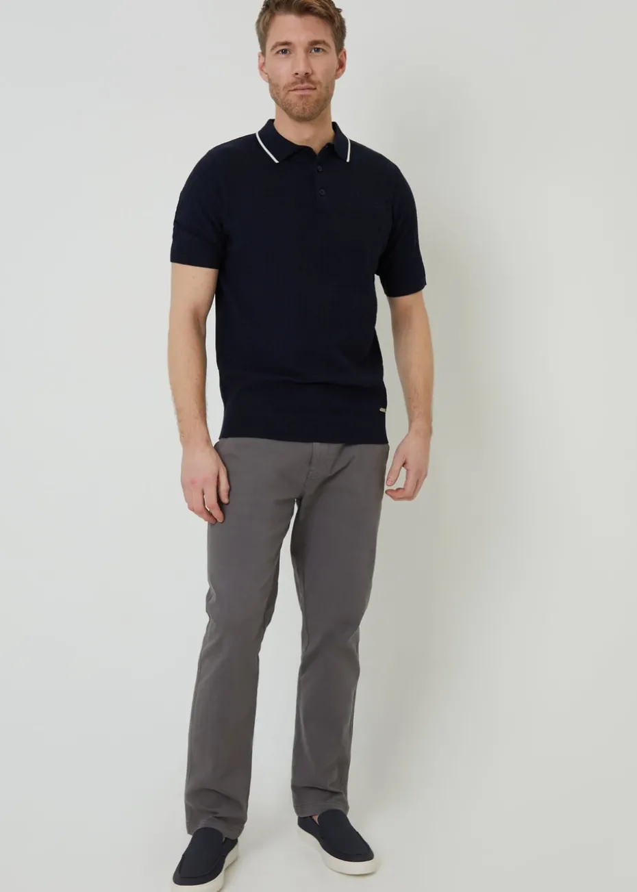 Threadbare Navy Textured Front Tipping Collar Knitted Polo Shirt