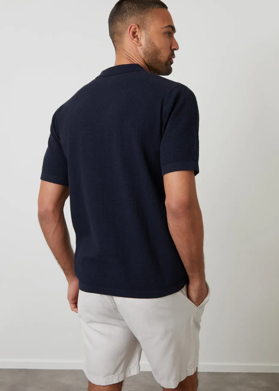 Threadbare Navy Textured Revere Collar Knitted Shirt