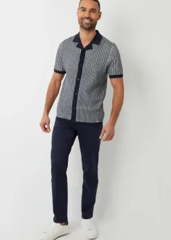 Threadbare Navy Textured Stripe Revere Collar Knitted Shirt