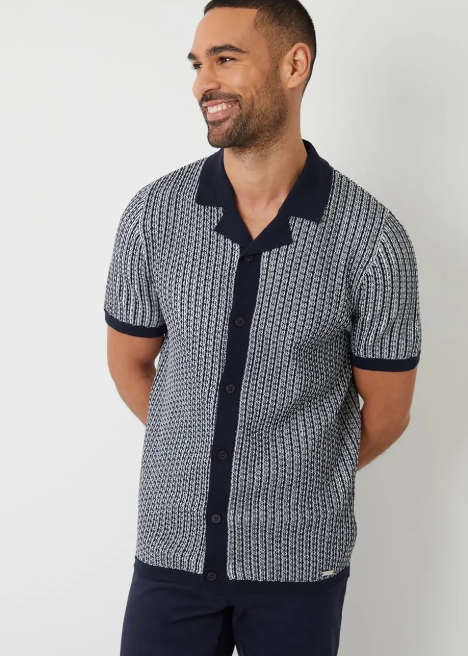 Threadbare Navy Textured Stripe Revere Collar Knitted Shirt
