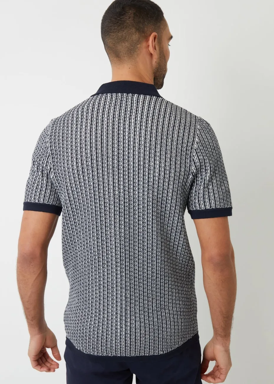 Threadbare Navy Textured Stripe Revere Collar Knitted Shirt