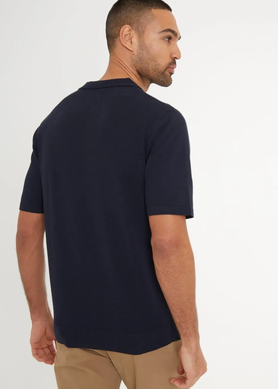 Threadbare Navy Trophy Neck Short Sleeve Knitted Polo