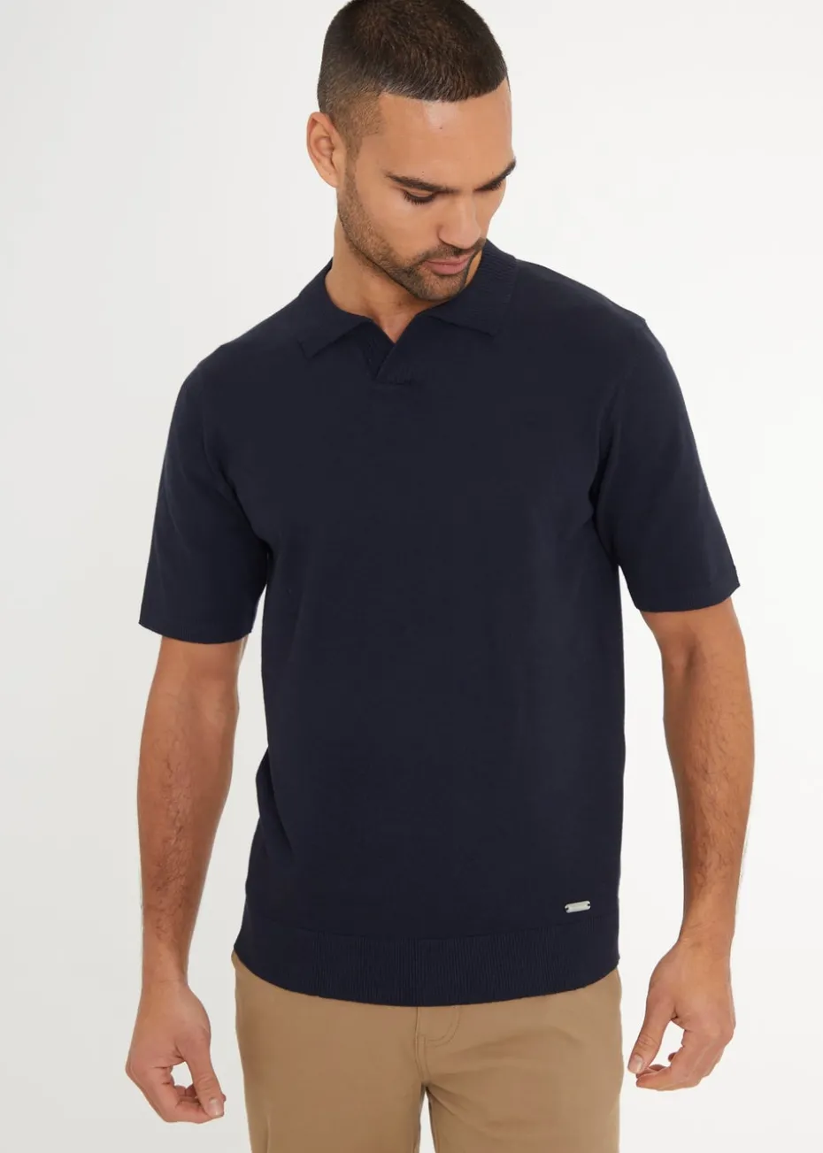 Threadbare Navy Trophy Neck Short Sleeve Knitted Polo