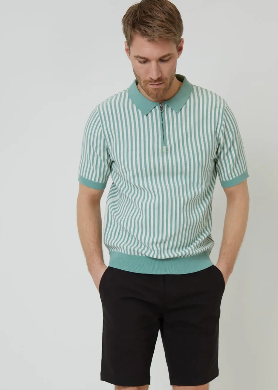 Threadbare Soft Green Textured Quarter Zip Striped Knitted Polo Shirt