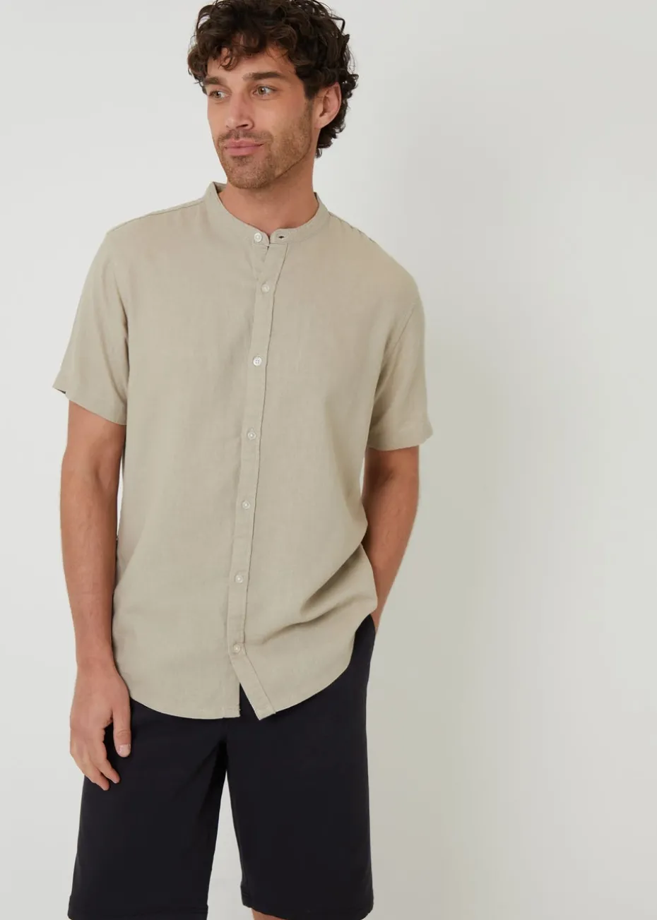 Threadbare Stone Grandad Collar Linen Blend Short Sleeve Shirt