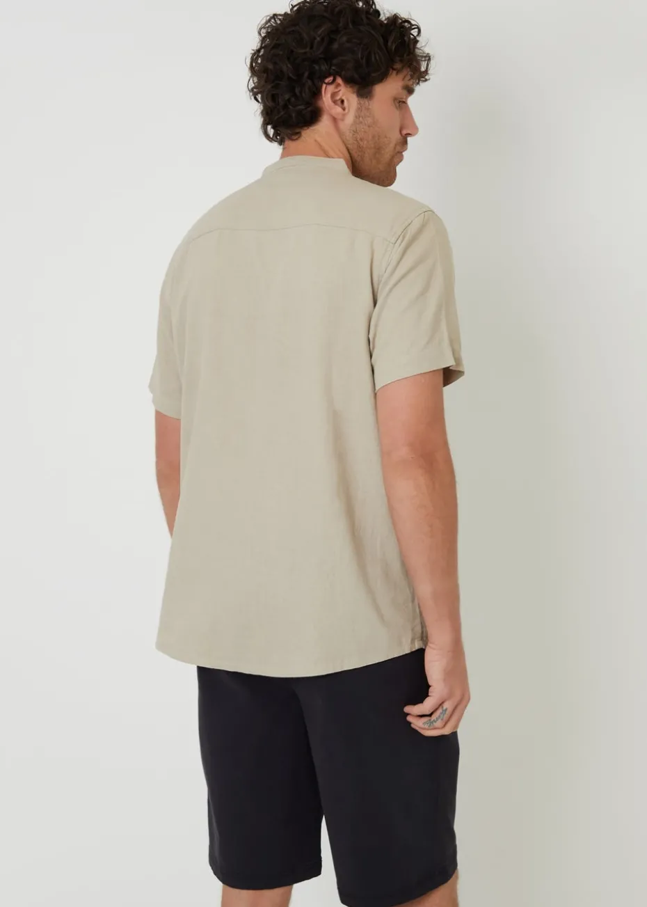 Threadbare Stone Grandad Collar Linen Blend Short Sleeve Shirt