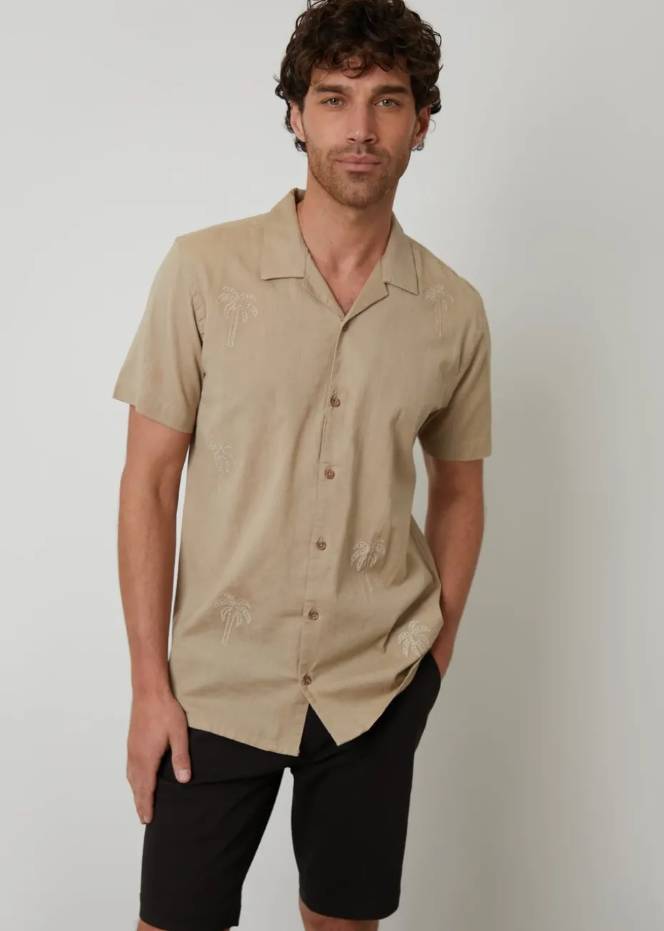 Threadbare Stone Linen Blend Palm Embroidered Short Sleeve Shirt