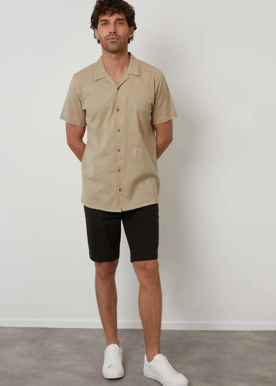 Threadbare Stone Linen Blend Palm Embroidered Short Sleeve Shirt