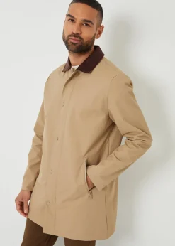 Threadbare Stone Showerproof Longline Corduroy Collar Mac