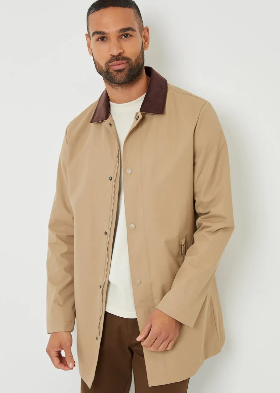 Threadbare Stone Showerproof Longline Corduroy Collar Mac