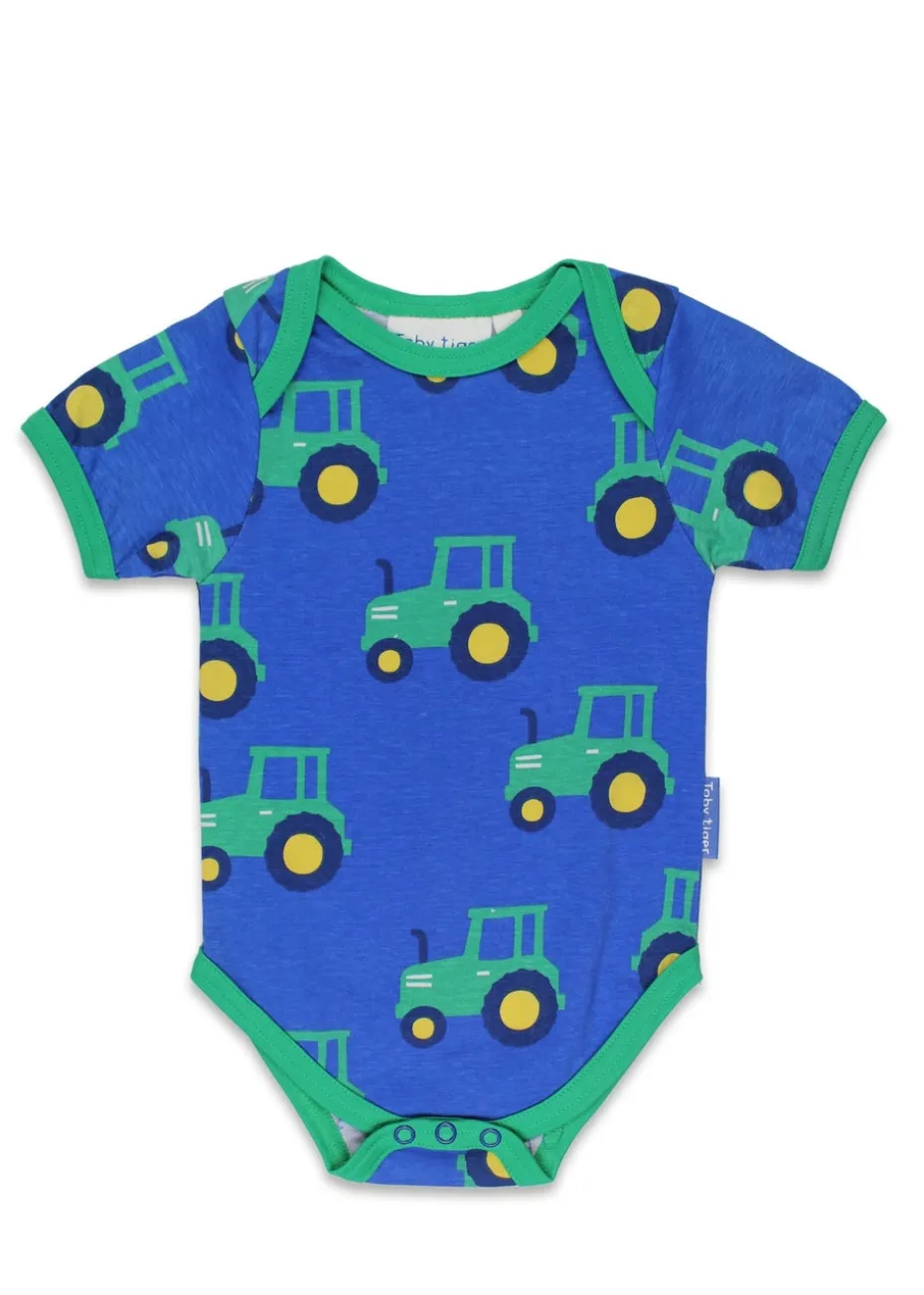 Toby Tiger Organic Blue Tractor Print Baby Body (Newborn - 12 months)