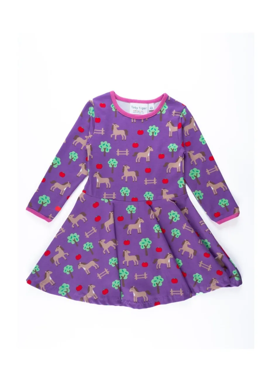 Toby Tiger Organic Purple Horse Print Long-Sleeved Skater Dress (12 months - 8 years)