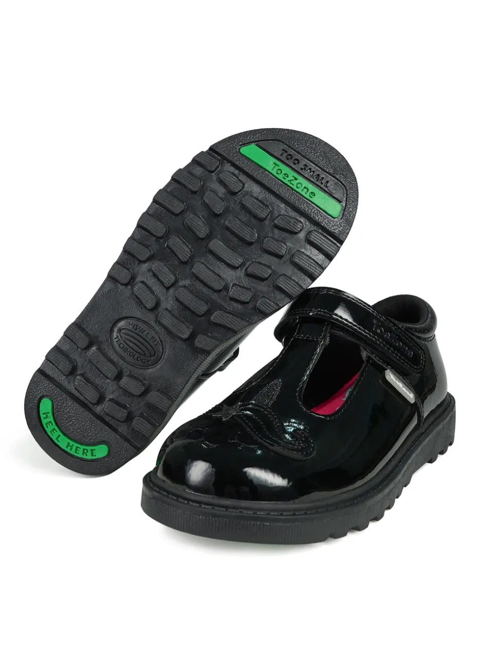 ToeZone Black Ellie Patent Coated Leather Rip Tape Unicorn School Shoe (Younger 8- Older 3)